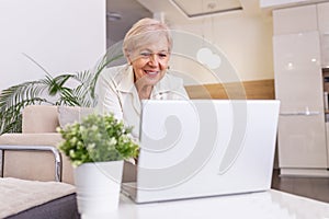 Elderly lady working with laptop. Portrait of beautiful older woman working laptop computer indoors. Senior woman using laptop at