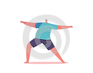 Elderly Male Character Stand in Warrior Yoga Asana Pose. Old Man in Sports Wear Training, Doing Practice, Active Life