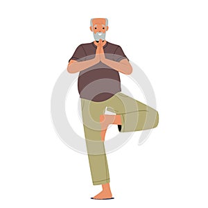 Elderly Male Character Stand in Yoga Asana Pose. Old Man Wearing Sports Wear Training, Doing Sport Practice, Active Life