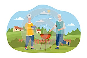 Elderly male and female characters are cooking BBQ meat in garden together