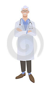 Elderly male physician standing with crossed hands. Doctor in white coat. Isolated on white vector illustration