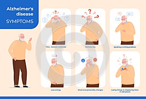 Elderly man with Alzheimer s symptoms disease infographic collection vector flat illustration