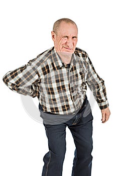 elderly man with back pains on a white background