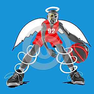 Elderly man in basketball uniform dribbling ball with angel wings and halo on blue background. Contemporary art collage