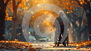 An elderly man is being pushed in a wheelchair by his caregiver