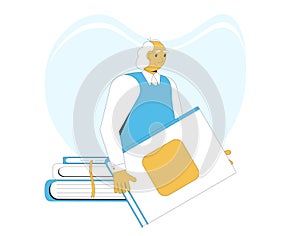 Elderly man with books portrait. Old male person holding a big encyclopedia. Vector illustration