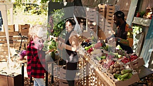 Elderly man buying various fresh eco fruits and veggies