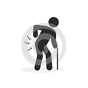 Elderly man with a cane and back injury, pain vector icon isolated on white background