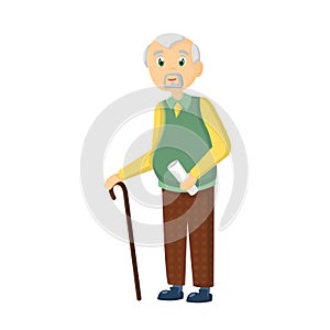 Elderly man, with cane in daily clothes, spends free time.