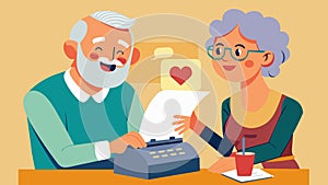 An elderly man chuckling as his wife marvels at a vintage typewriter recalling how he used to write her love letters on photo