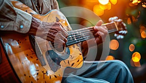 Elderly man in classic attire performing traditional live music on acoustic guitar