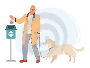 Elderly man cleaning after dog on walk vector