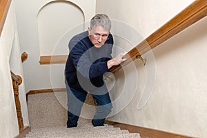 Elderly Man Climb Stairs, Scared, Confused