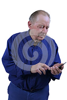 Elderly man dialing cell phone