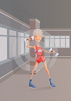 An elderly man doing exercise with dumbbells in the gym. Active lifestyle and sport activities in old age. Vector