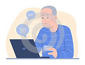 Elderly Man Doing Online Shopping on Laptop for E-Commerce Concept Illustration