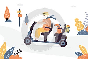 Elderly man driving electric scooter. Older male character driving through park