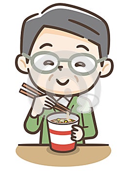 Elderly man eating instant noodles