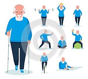 Elderly man is engaged in weightlifting,man and dumbbells. Active sport concept set. Cartoon flat style illustration on