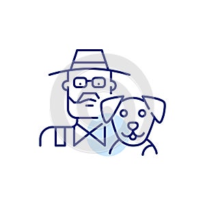 Elderly man in farmer hat and his dog. Pet owner icon. Pixel perfect, editable stroke art