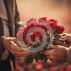 An elderly man gives a bouquet of red roses to an elderly lady. Love through the years. Valentine's Day. Close-up