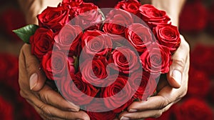 An elderly man gives a bouquet of red roses to an elderly lady. Love through the years. Valentine& x27;s Day. Close-up