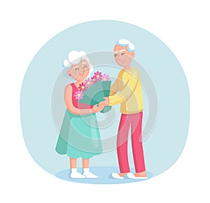 Elderly man gives a large bouquet of flowers to his wife