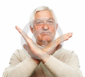 Elderly man with gray hair wearing casual style rejection expression crossing arms doing negative sign, angry face