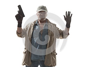 Elderly man with a gun surrenders