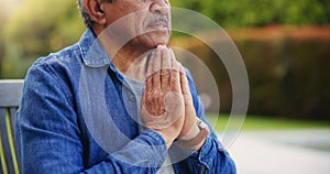 Elderly, man or hands praying outdoor for religion, worship and support for jesus christ in garden of home. Senior