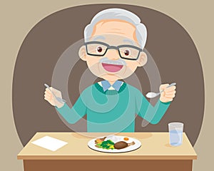 Elderly man happy eating food