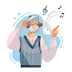 Elderly man with headphones listening music, old male character with beard and glasses