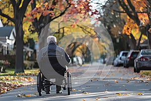 An elderly man in his wheelchair walks along the street of an American suburban neighborhood. Ai generated