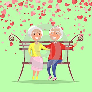 Elderly Man Hugging Woman Sitting on Bench Vector
