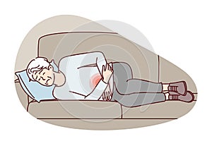 Elderly man lies on couch is experiencing pain in stomach and weakness after poisoning. Vector image