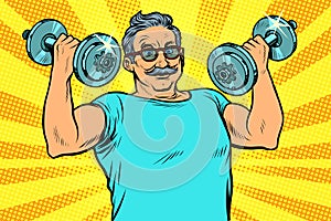 Elderly man lifts dumbbells, fitness sport