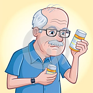 Elderly Man Looking At Medication Bottle