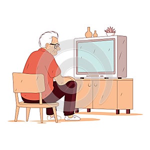 An elderly man looks sitting on a chair watching TV