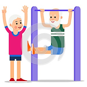 Elderly man making pull ups. One senior doing pull-ups, woman st