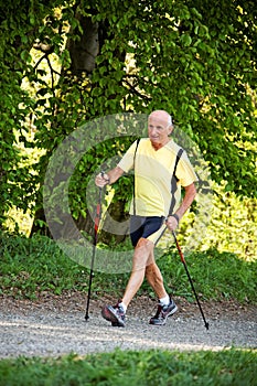 Elderly man with Nordic walking