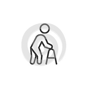 Elderly man with paddle walker line icon