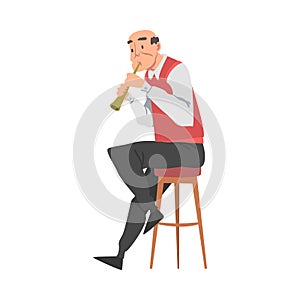 Elderly Man Playing Flute, Old Man Musician Character Cartoon Style Vector Illustration