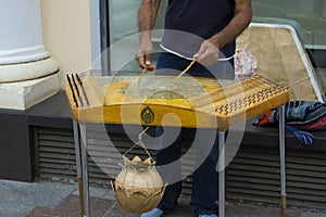 An elderly man plays the harp. A personal musician plays a plucked instrument.