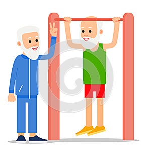 Elderly man pulls up exercising. One senior doing pull-ups, another man stands beside and controls exercises. Physical