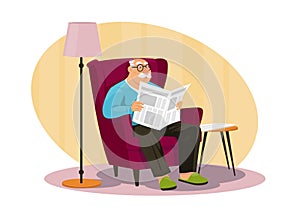 Elderly man reading newspaper. Grandpa holding periodical. Senior in comfortable armchair looks through news columns photo