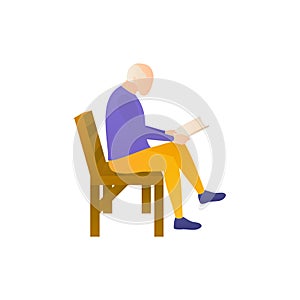 An elderly man reads a book, flat vector illustration.