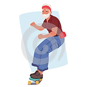 Elderly Man With A Red Headband And A Fanny Pack Strikes A Playful Pose On A Skateboard, Cartoon Vector Illustration