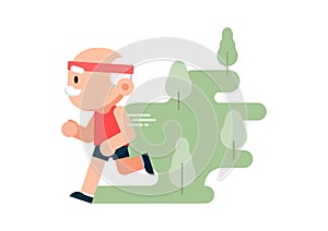 Elderly man running at park background, grandfather jogging, healthy lifestyle concept, vector illustration