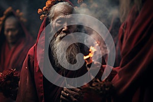 elderly man in sage wisdom in ceremonial fire, ai generated