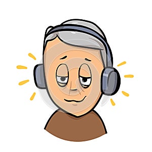 Elderly man, senior retired guy with headphones listening to the music. Flat design icon. Flat vector illustration